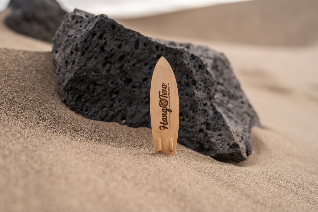 The Hang Two Pack: Driftwood Dual Fin wooden finger surfboard with finger leash