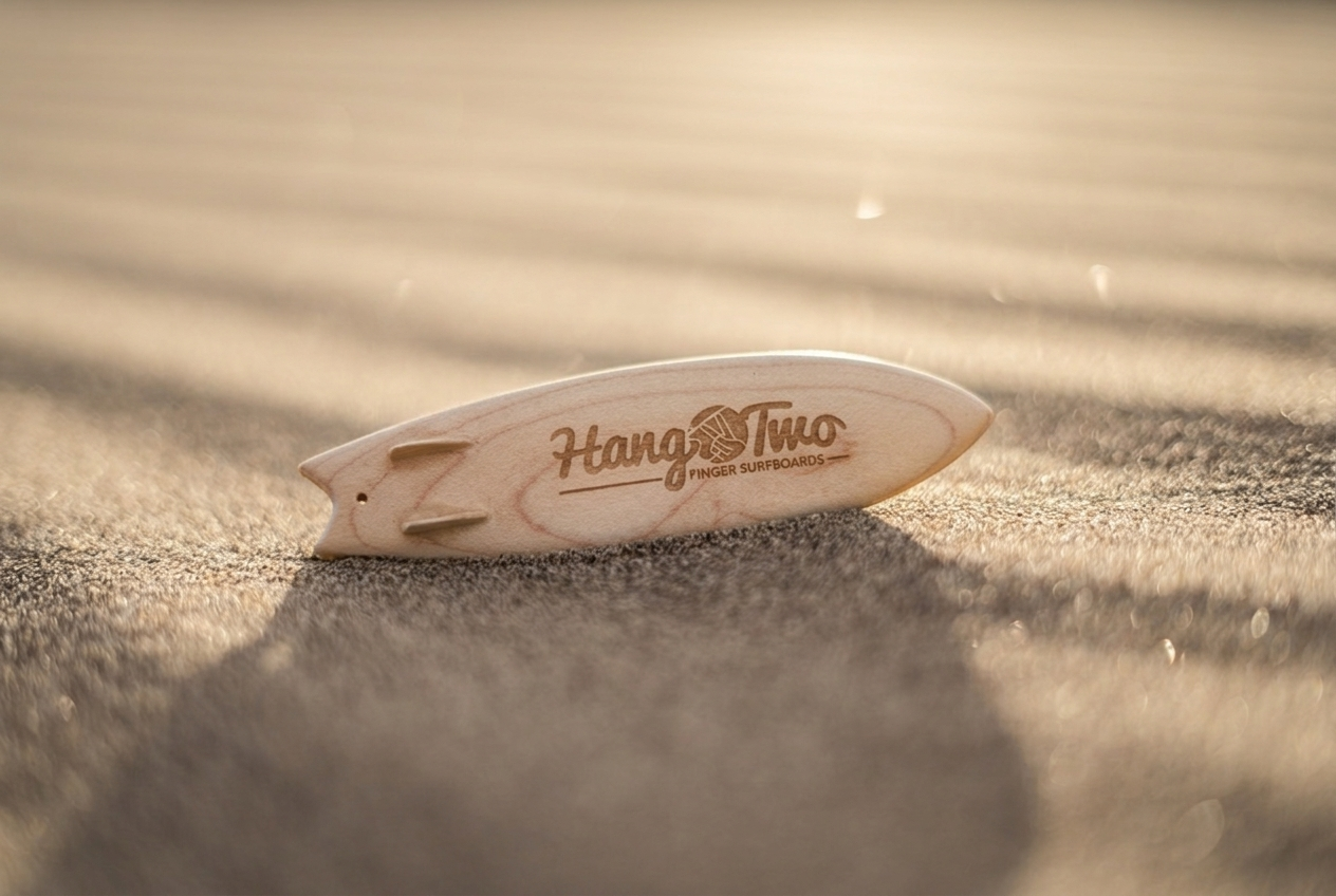 A small wooden surfboard-shaped toy with the brand name 'Hang Two' engraved on it, resting on sandy ground with warm sunlight and shadows.