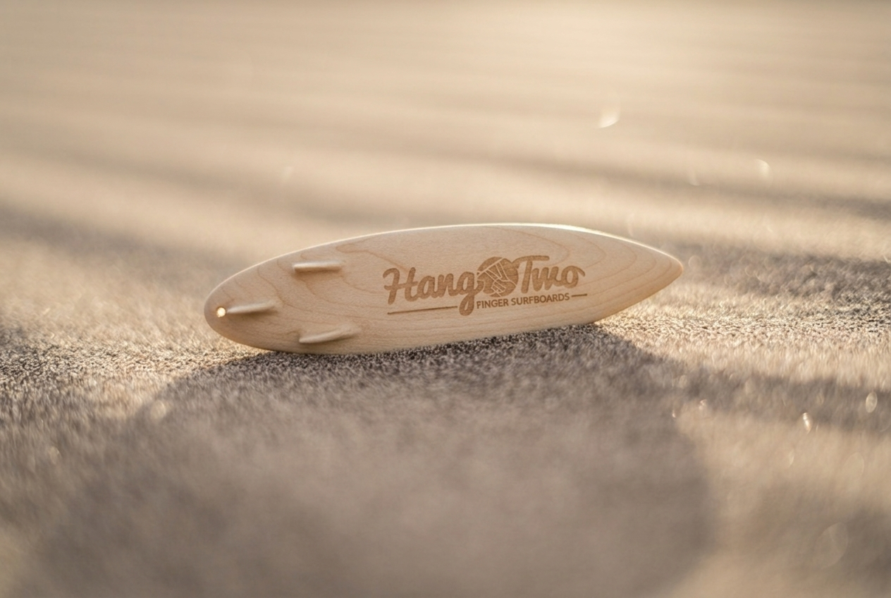 A small carved wooden surfboard made to fly out the car window with the brand name 'Hang Two' engraved, resting on sandy ground with soft shadows.